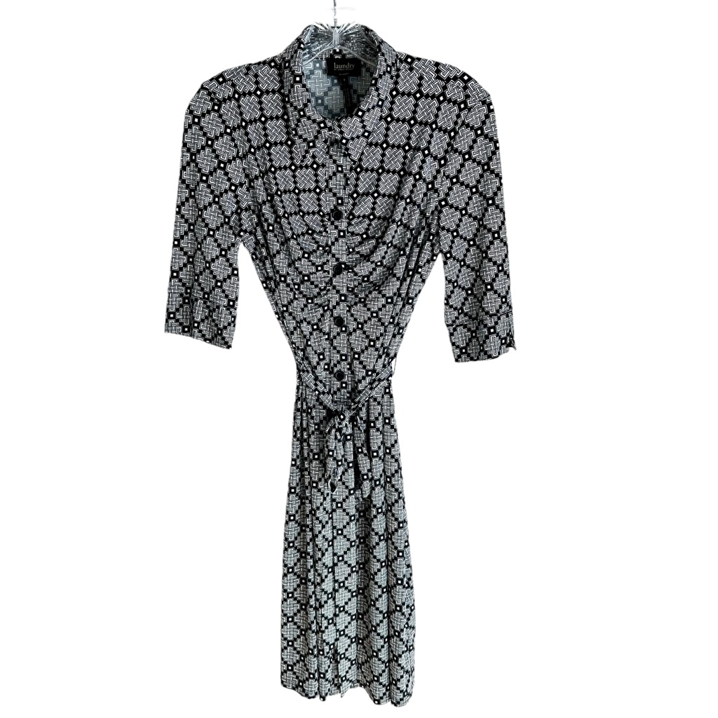 Laundry By Shelli Segal Classic Button Down Black White Print Belted Dress Sz 8